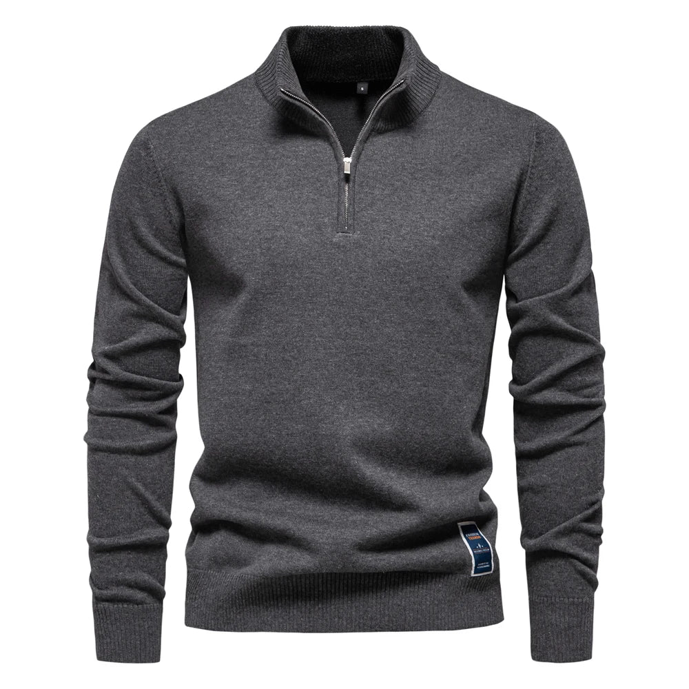 Men’s Quarter-Zip Cotton Pullover – Solid Color Mock Neck Sweater