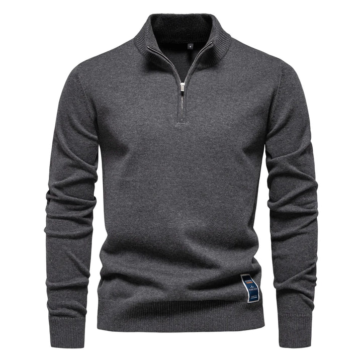 Men’s Quarter-Zip Cotton Pullover – Solid Color Mock Neck Sweater