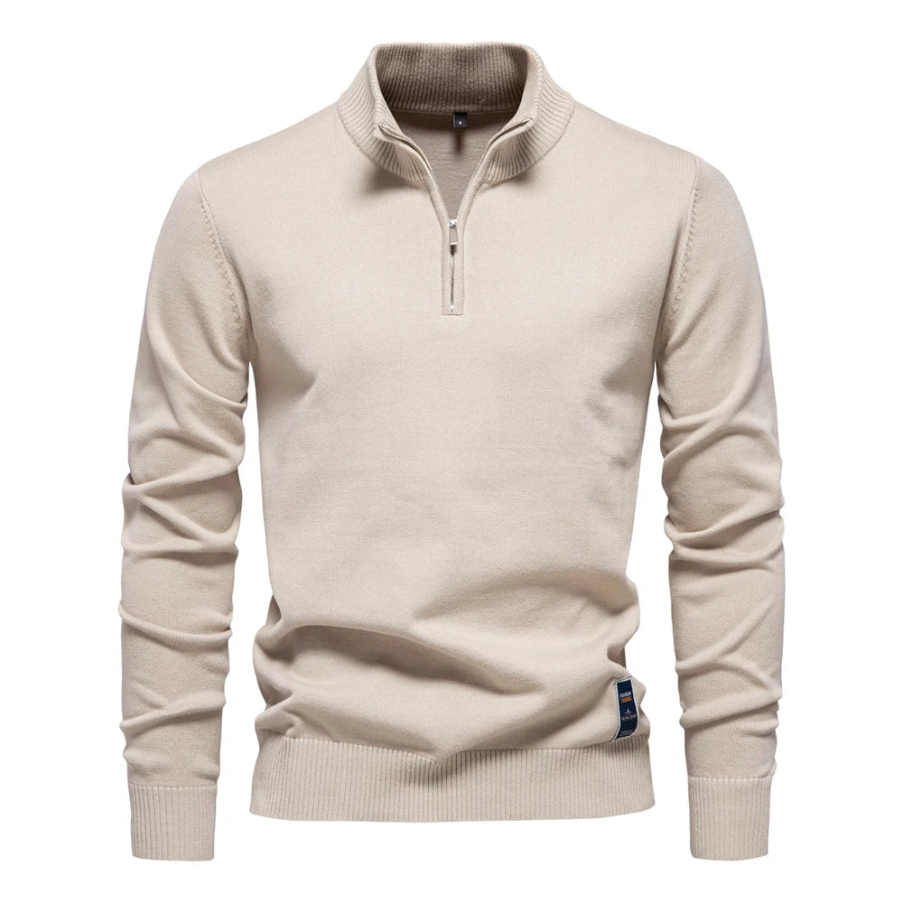Men’s Quarter-Zip Cotton Pullover – Solid Color Mock Neck Sweater