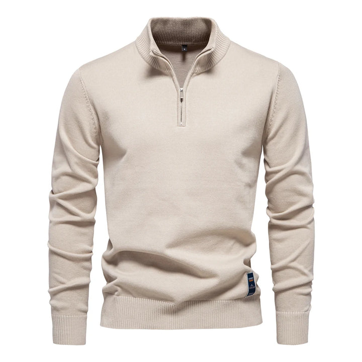 Men’s Quarter-Zip Cotton Pullover – Solid Color Mock Neck Sweater