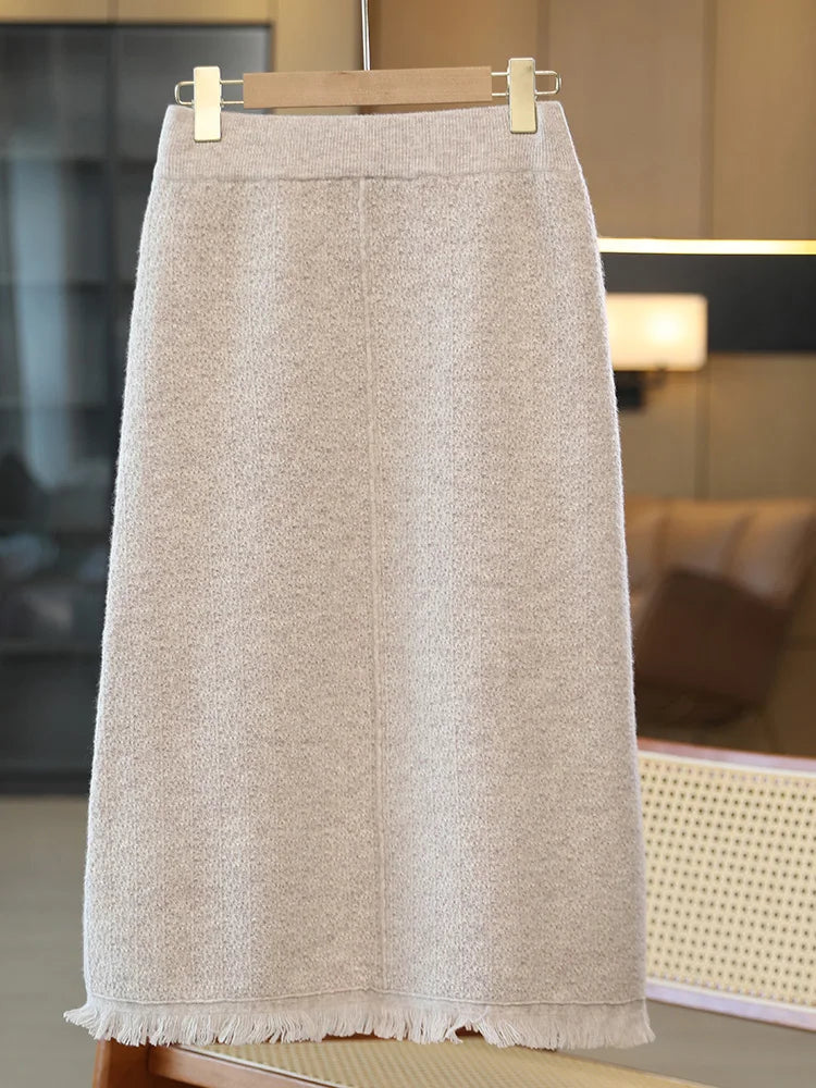 Women’s 100% Merino Wool Tassel Straight Skirt
