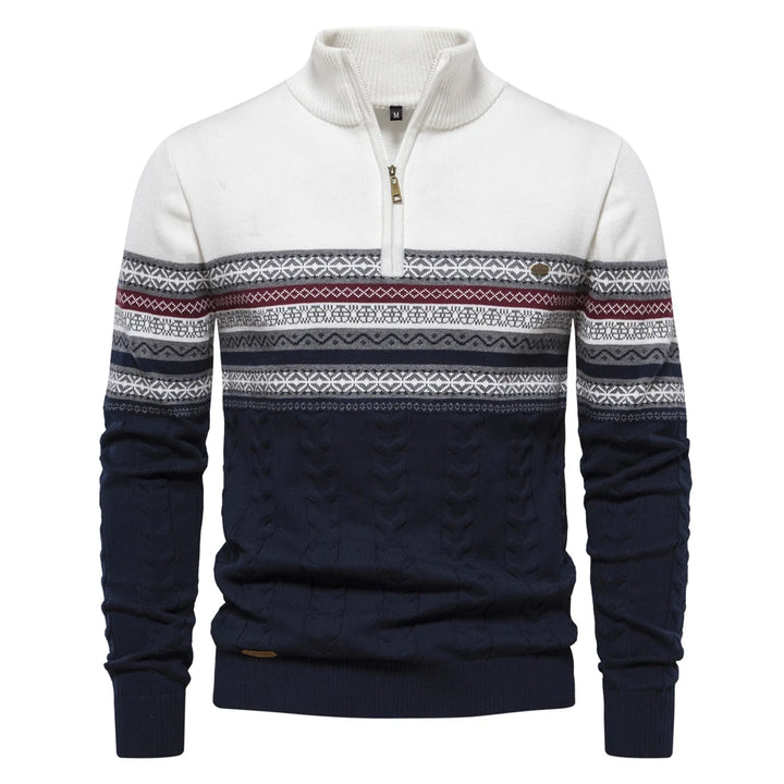 Men’s Zipper Pullover Sweater – Warm Cotton Ethnic Pattern Knit