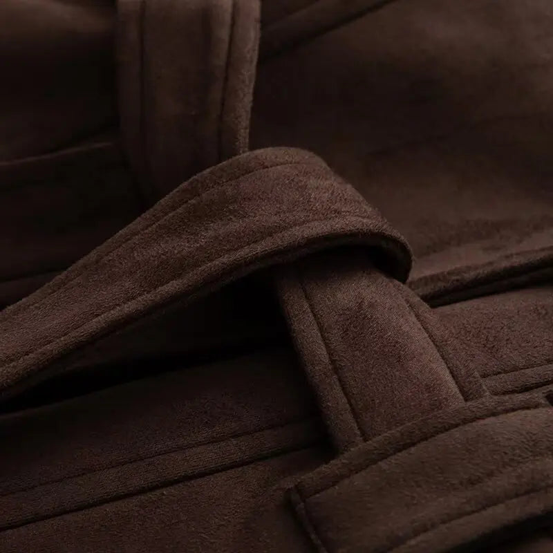 Women’s Faux Suede Belted Jacket – Vintage Single-Breasted Winter Coat with Patch Pockets