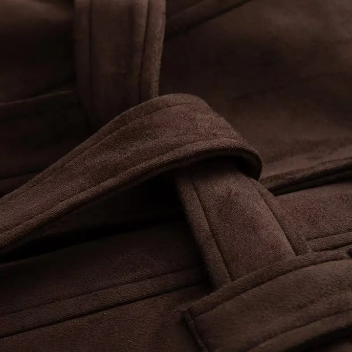 Women’s Faux Suede Belted Jacket – Vintage Single-Breasted Winter Coat with Patch Pockets