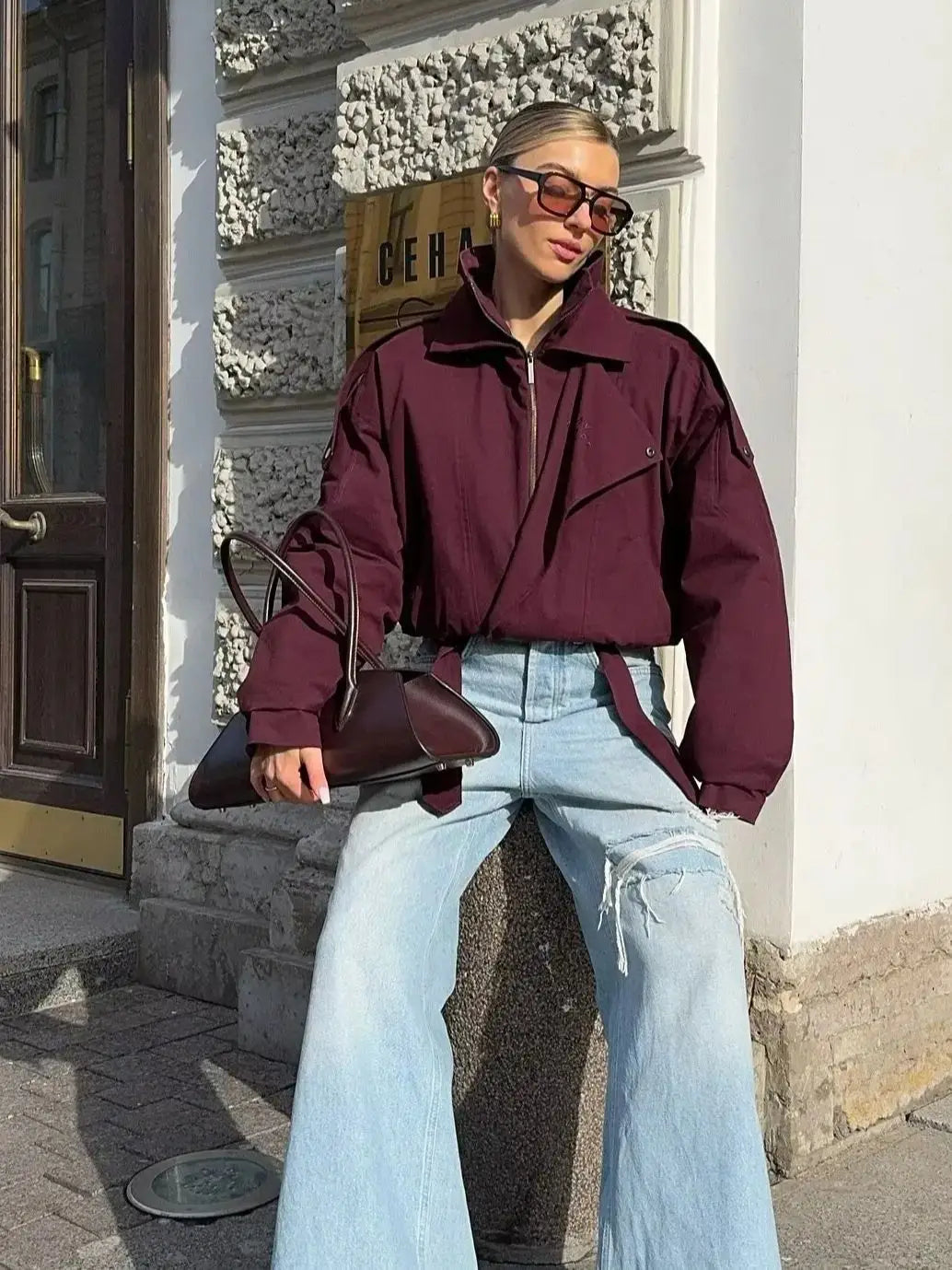 Women’s Burgundy Zipper Bomber Jacket – Loose Stand Collar Street Outerwear