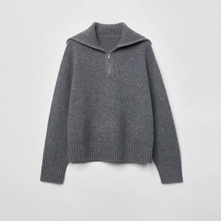 Women’s 100% Wool Half-Zip Sweater – Gray Loose Fit Winter Pullover