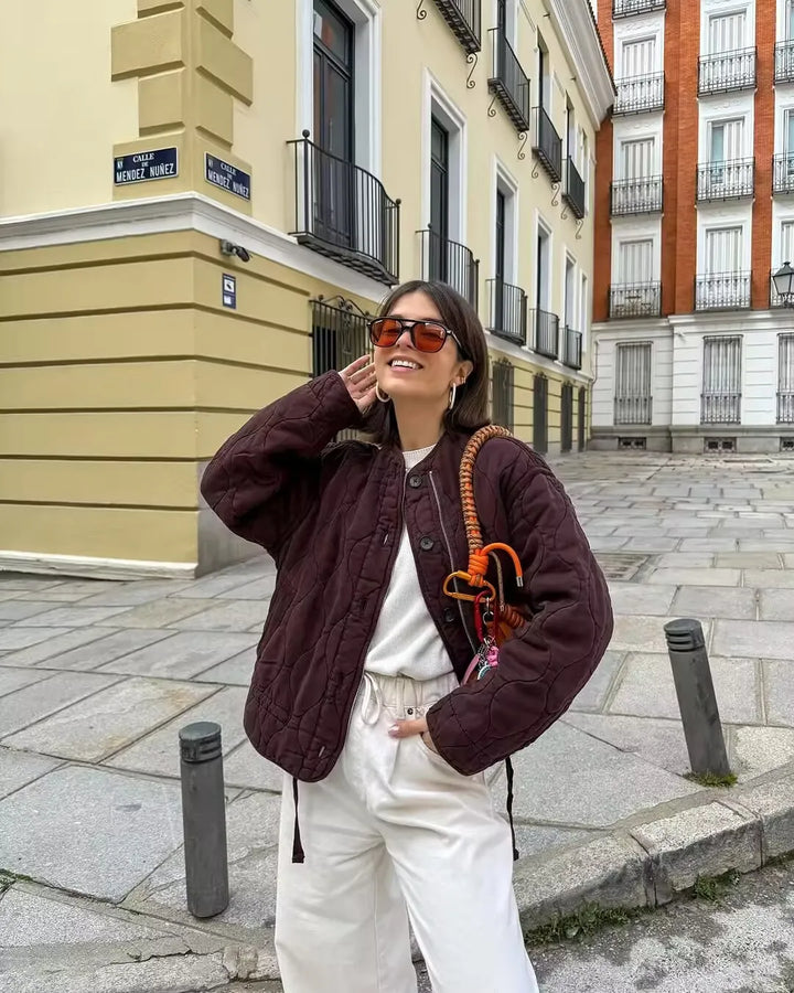 Women’s Quilted Snap-Button Bomber Jacket – Warm Padded Outerwear