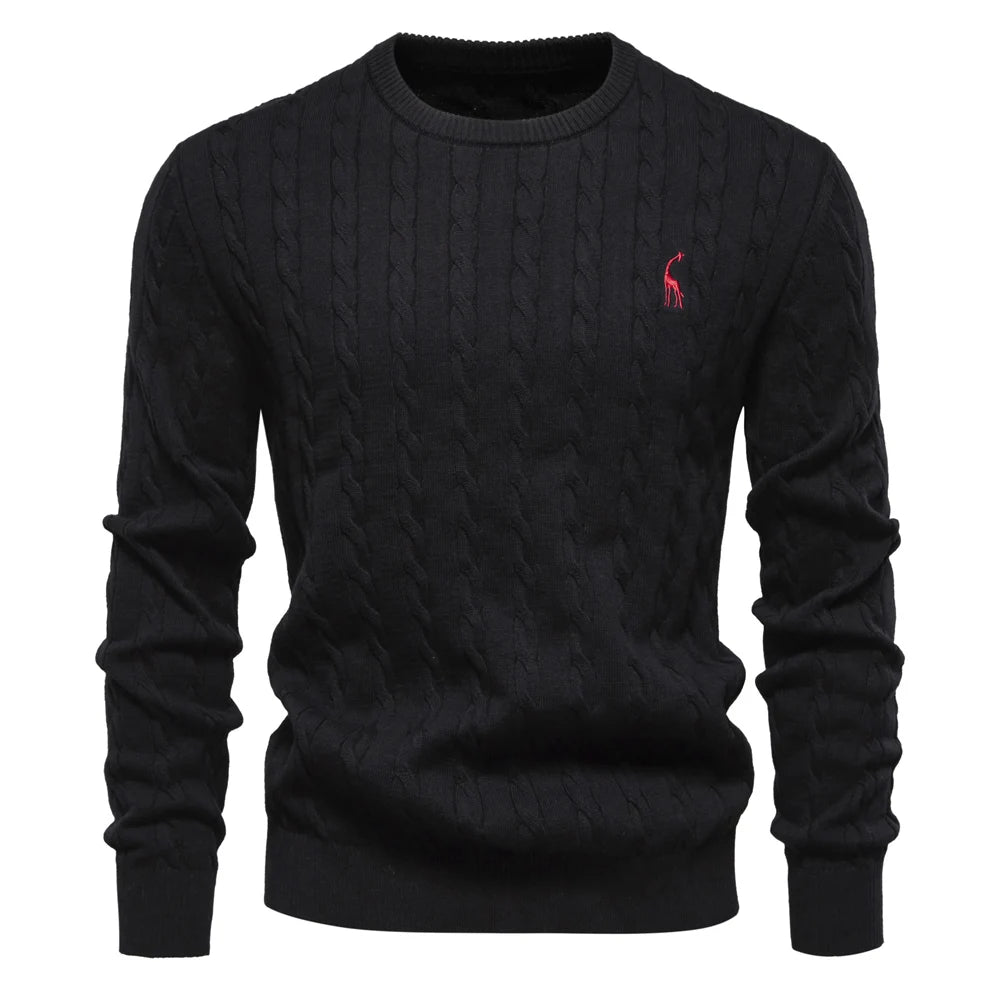 Men’s Giraffe Embroidered Cotton Sweater – Classic Twist Knit Pullover