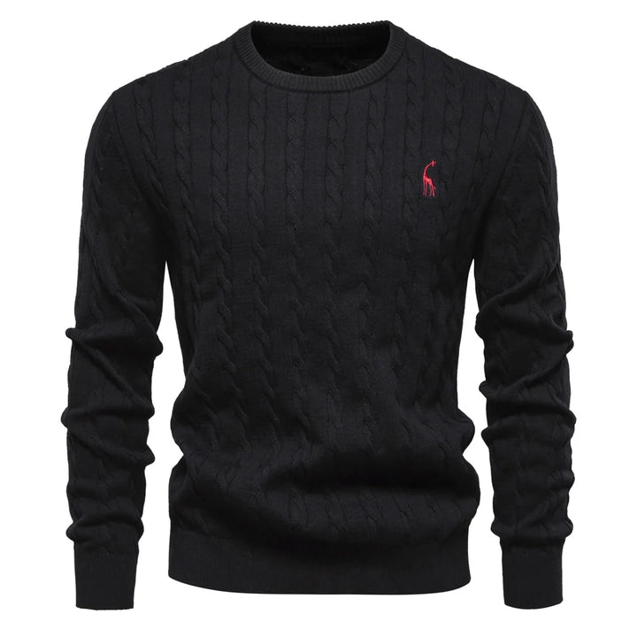 Men’s Giraffe Embroidered Cotton Sweater – Classic Twist Knit Pullover