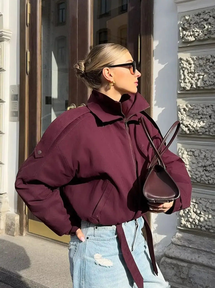 Women’s Burgundy Zipper Bomber Jacket – Loose Stand Collar Street Outerwear