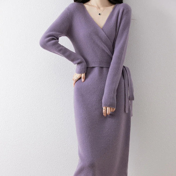 Women’s V-Neck Wool Sweater Dress | 100% Merino Wool Pullover Skirt
