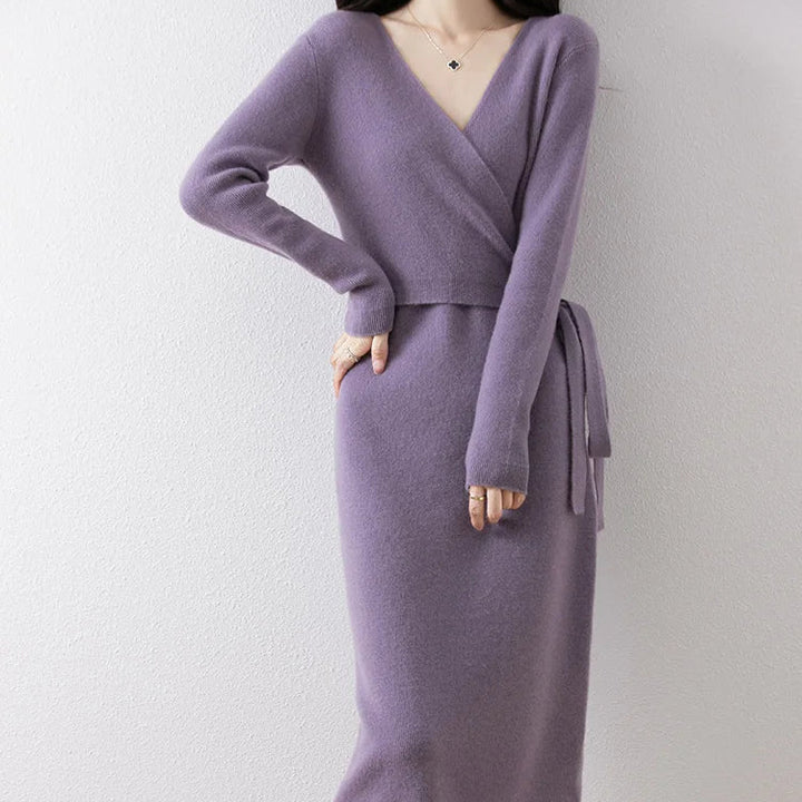 Women’s V-Neck Wool Sweater Dress | 100% Merino Wool Pullover Skirt