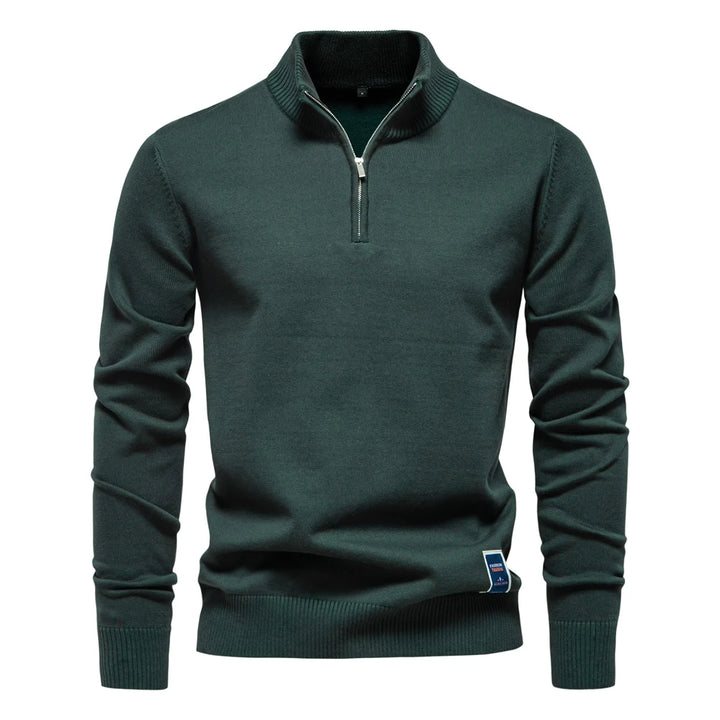 Men’s Quarter-Zip Cotton Pullover – Solid Color Mock Neck Sweater