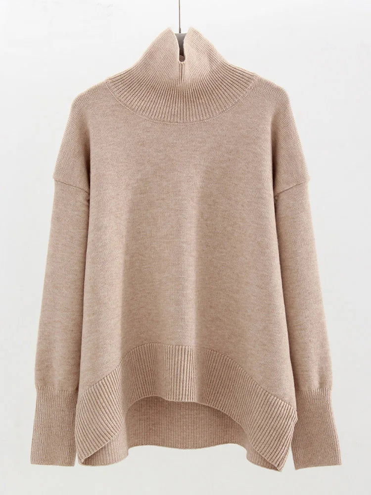 Women’s Oversized Brown Turtleneck Sweater – Thick Knit Pullover