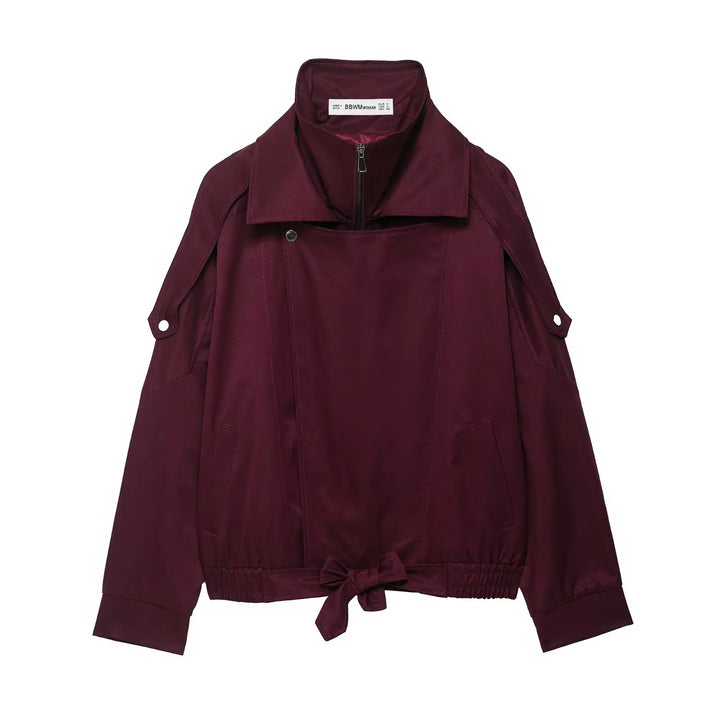 Women’s Burgundy Zipper Bomber Jacket – Loose Stand Collar Street Outerwear