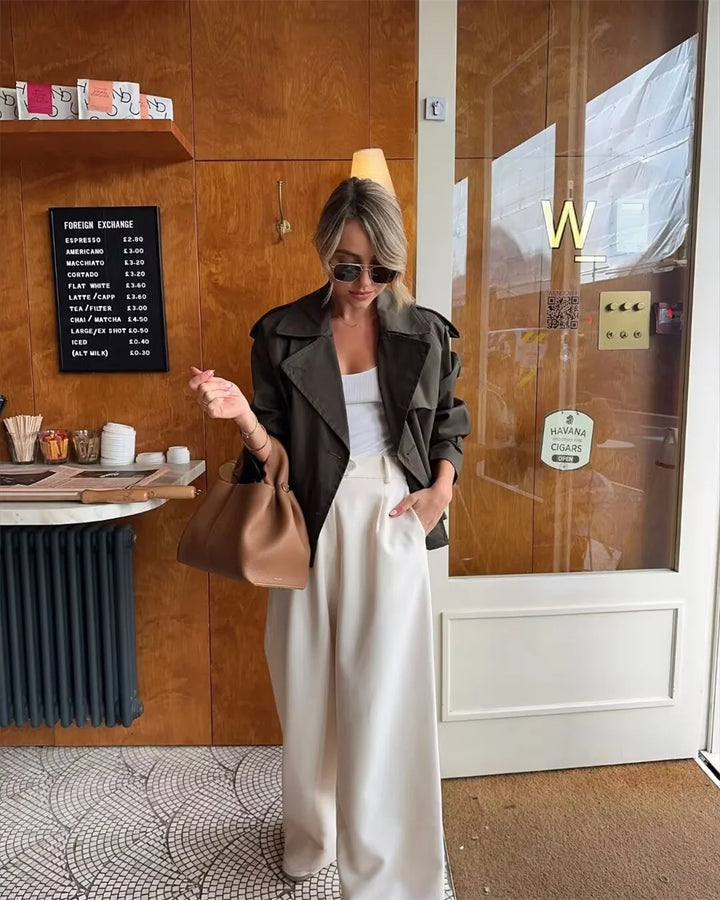 Women’s Vintage Cropped Trench Jacket – Double Breasted Streetwear Coat