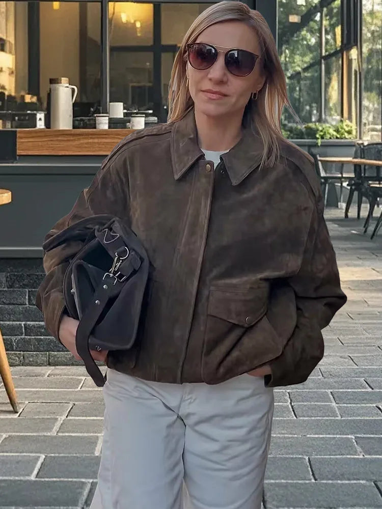 Women’s Elegant Suede Zipper Jacket – Turn-Down Collar Pilot Coat