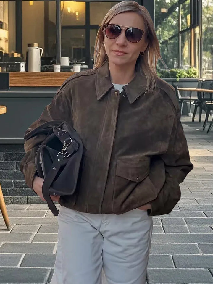 Women’s Elegant Suede Zipper Jacket – Turn-Down Collar Pilot Coat