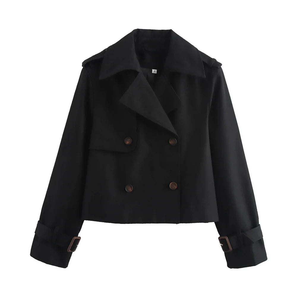 Women’s Vintage Cropped Trench Jacket – Double Breasted Streetwear Coat