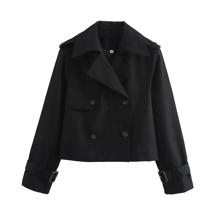 Women’s Vintage Cropped Trench Jacket – Double Breasted Streetwear Coat