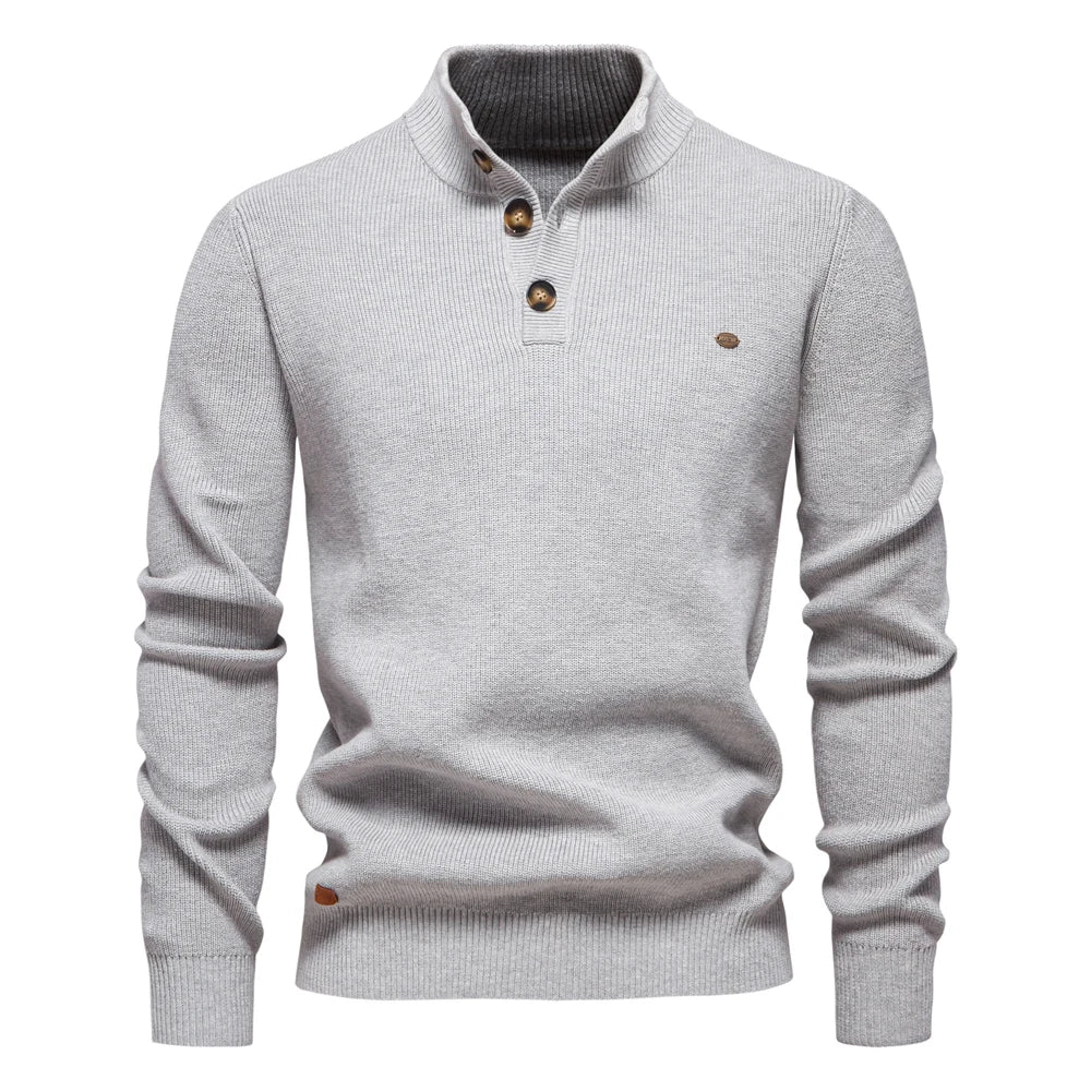 Men’s Mock Neck Button-Up Cotton Sweater – Casual Autumn & Winter Pullover