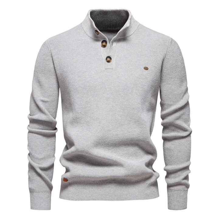 Men’s Mock Neck Button-Up Cotton Sweater – Casual Autumn & Winter Pullover