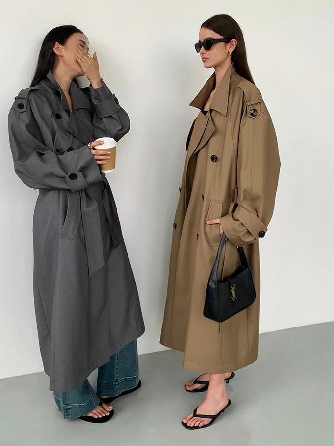 Khaki & Grey Oversized Trench Coat for Women