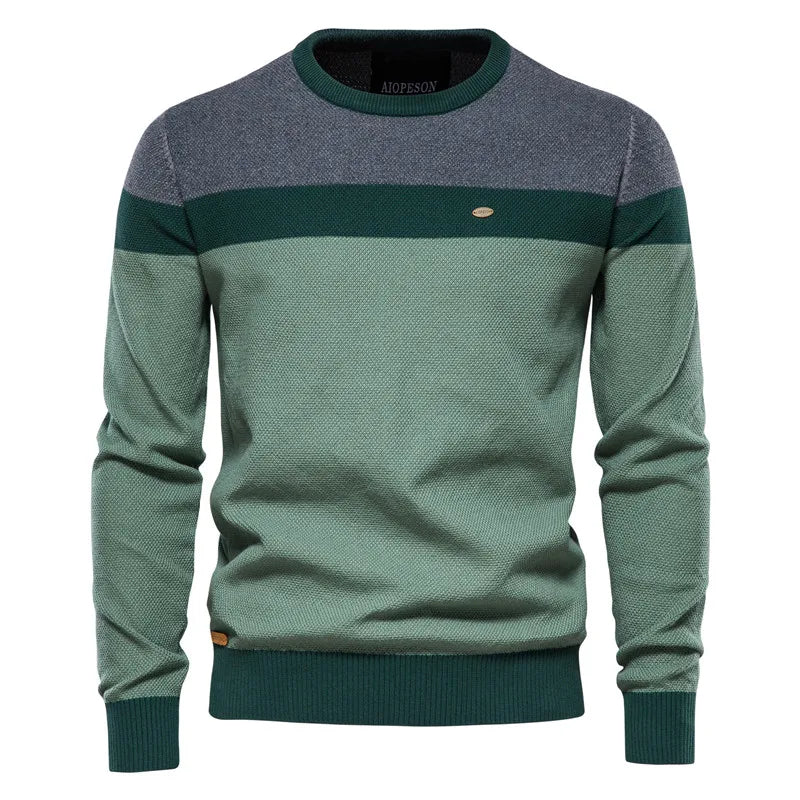 Men’s Spliced Cotton Pullover – High-Quality O-Neck Winter Sweater