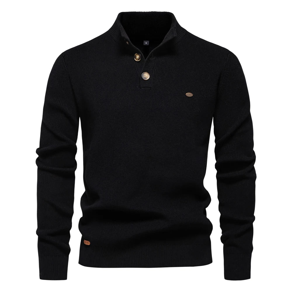 Men’s Mock Neck Button-Up Cotton Sweater – Casual Autumn & Winter Pullover
