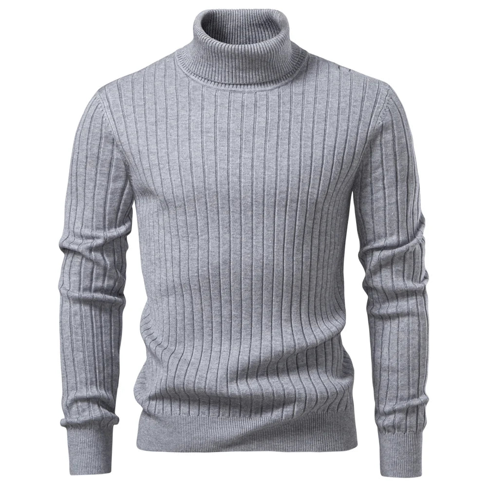 Men’s Turtleneck Sweater – Solid Color Striped Warm Knit Pullover