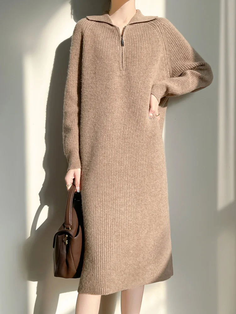 Women’s Merino Wool Half-Zip Polo Collar Sweater Dress