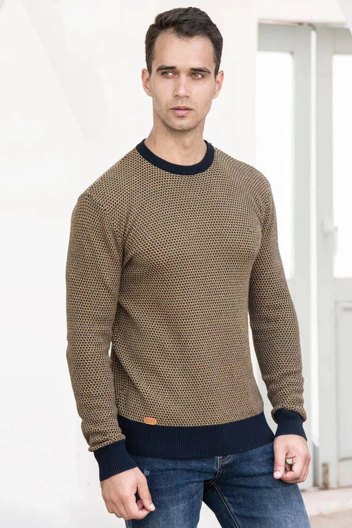 Men’s Cotton Spliced Pullover – Warm O-Neck Knitted Sweater