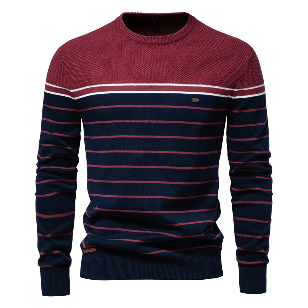Men’s Striped Cotton O-Neck Sweater – Casual Autumn & Winter Pullover