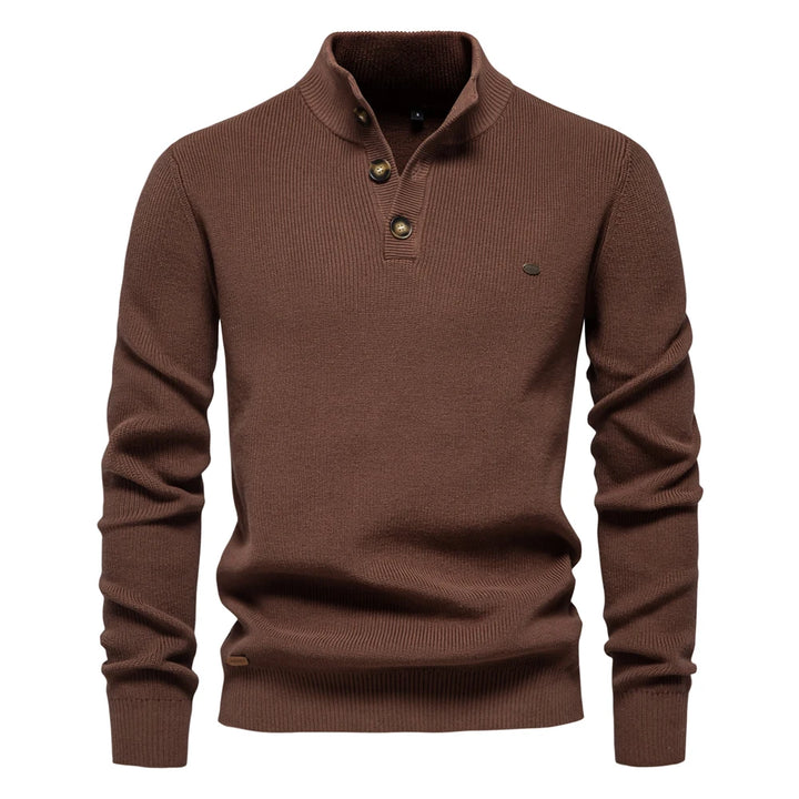 Men’s Mock Neck Button-Up Cotton Sweater – Casual Autumn & Winter Pullover
