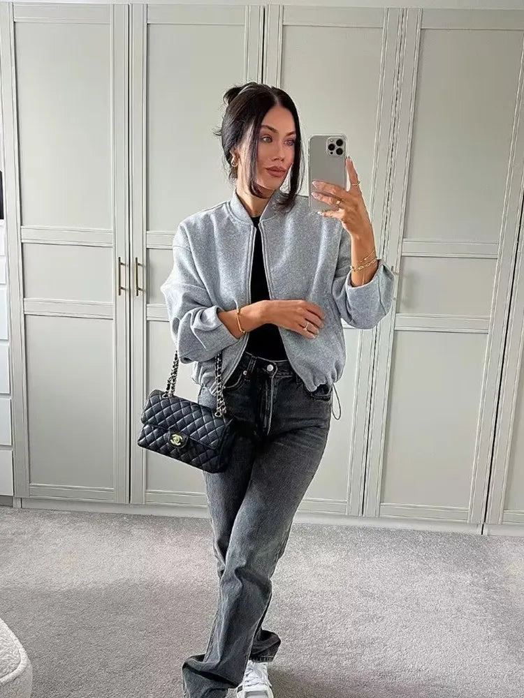 Women’s Autumn Winter Bomber Jacket – Soft Short Zipper Coat with Stand-Up Collar