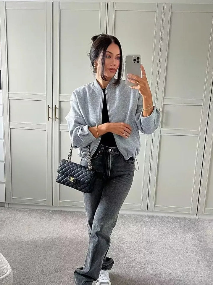 Women’s Autumn Winter Bomber Jacket – Soft Short Zipper Coat with Stand-Up Collar