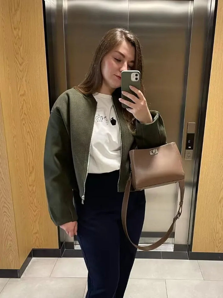 Women’s Autumn Winter Bomber Jacket – Soft Short Zipper Coat with Stand-Up Collar