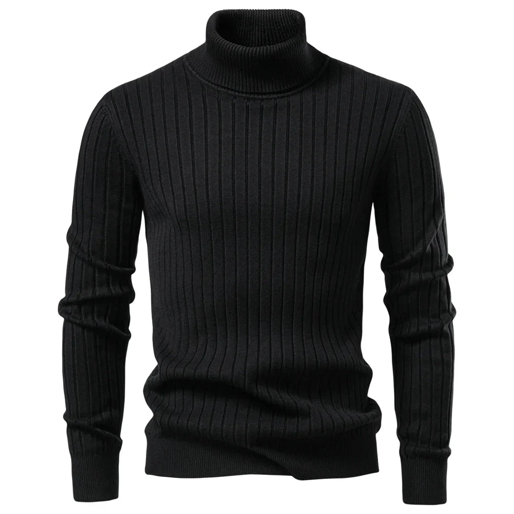 Men’s Turtleneck Sweater – Solid Color Striped Warm Knit Pullover