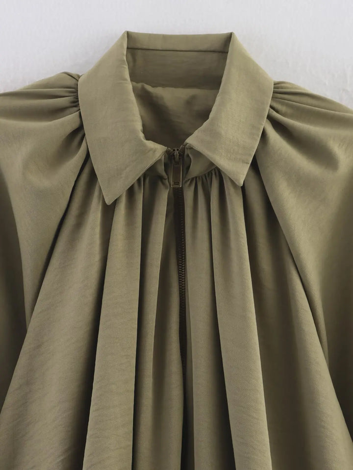 Women’s Oversized Bomber Jacket – Puff Sleeve Pleated Zipper Coat 2025 Streetwear