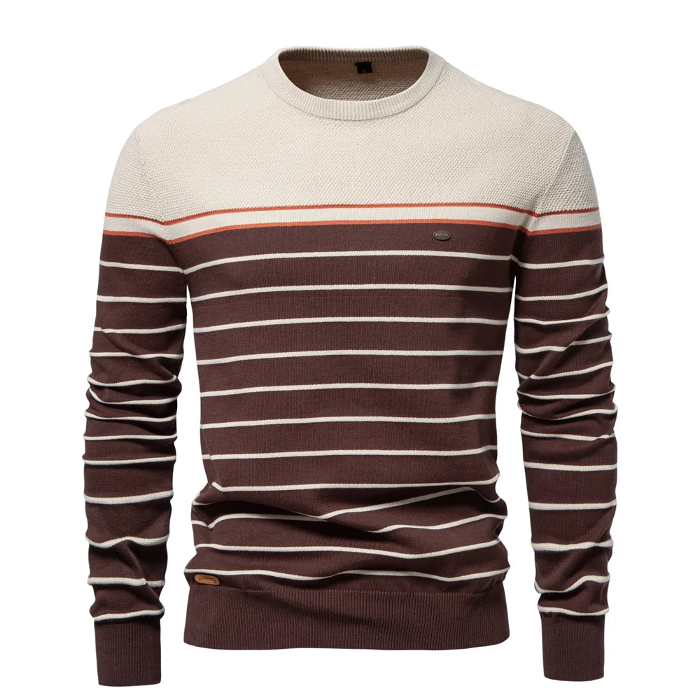 Men’s Striped Cotton O-Neck Sweater – Casual Autumn & Winter Pullover