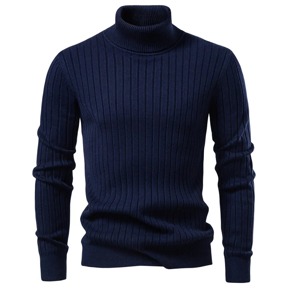 Men’s Turtleneck Sweater – Solid Color Striped Warm Knit Pullover