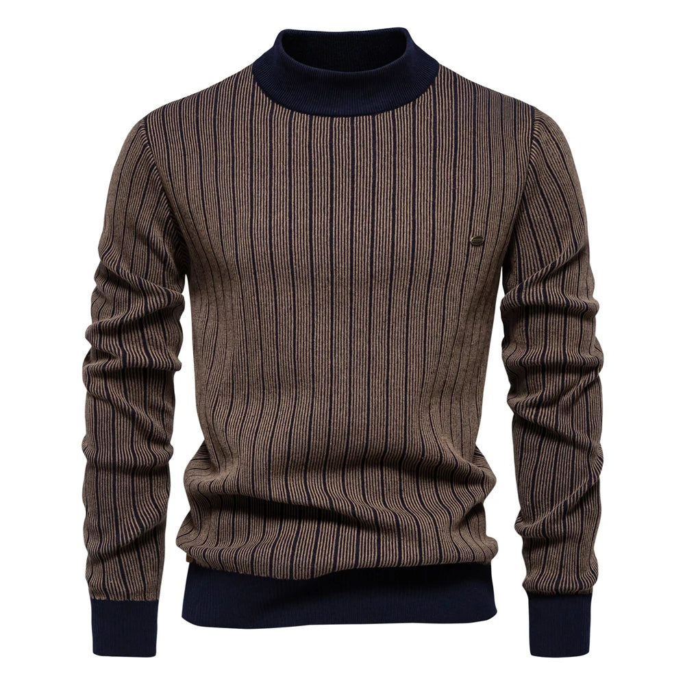 Men’s Striped Cotton Mock Neck Sweater – Warm Autumn & Winter Pullover