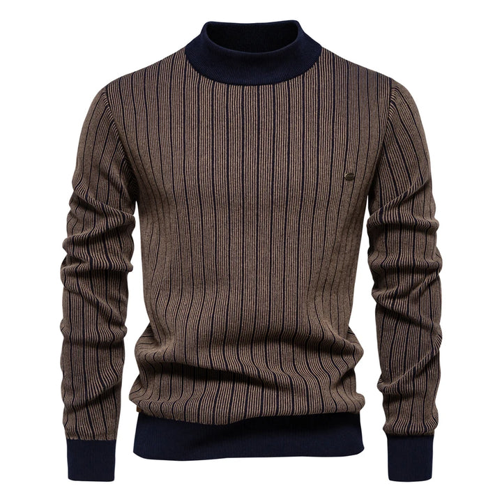 Men’s Striped Cotton Mock Neck Sweater – Warm Autumn & Winter Pullover