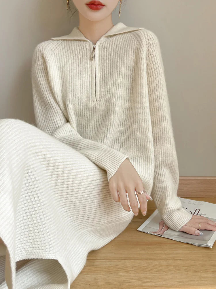 Women’s Merino Wool Half-Zip Polo Collar Sweater Dress