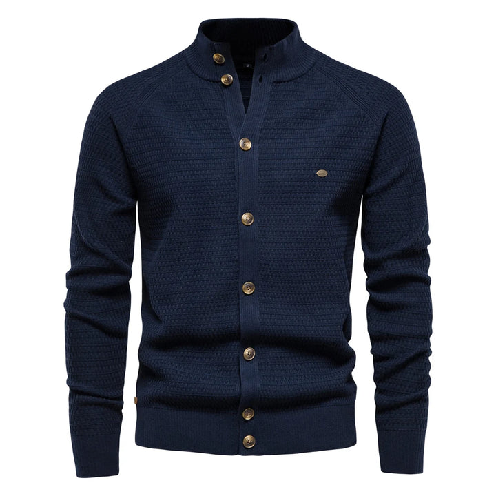 Men’s Knitted Cotton Cardigan – High-Quality Button Mock Neck Sweater