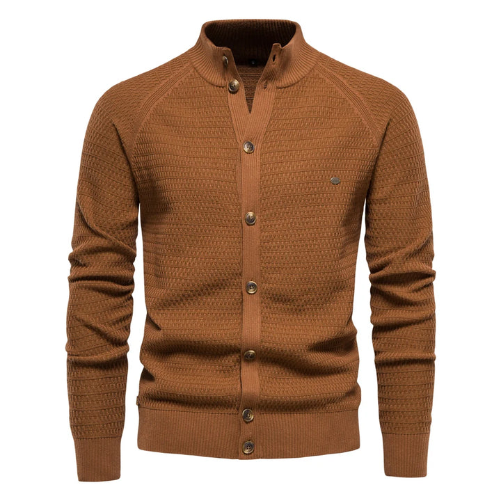 Men’s Knitted Cotton Cardigan – High-Quality Button Mock Neck Sweater