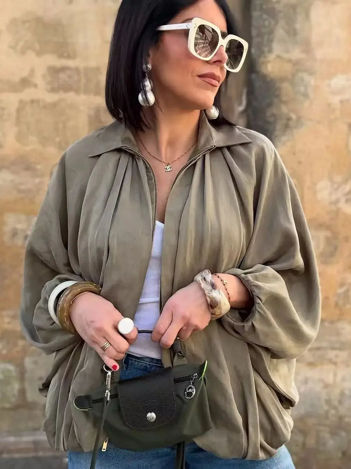 Women’s Oversized Bomber Jacket – Puff Sleeve Pleated Zipper Coat 2025 Streetwear