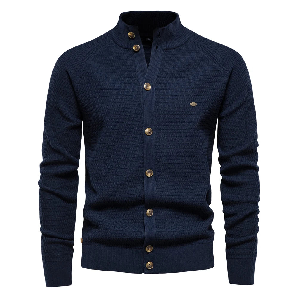 Men’s Knitted Cotton Cardigan – High-Quality Button Mock Neck Sweater