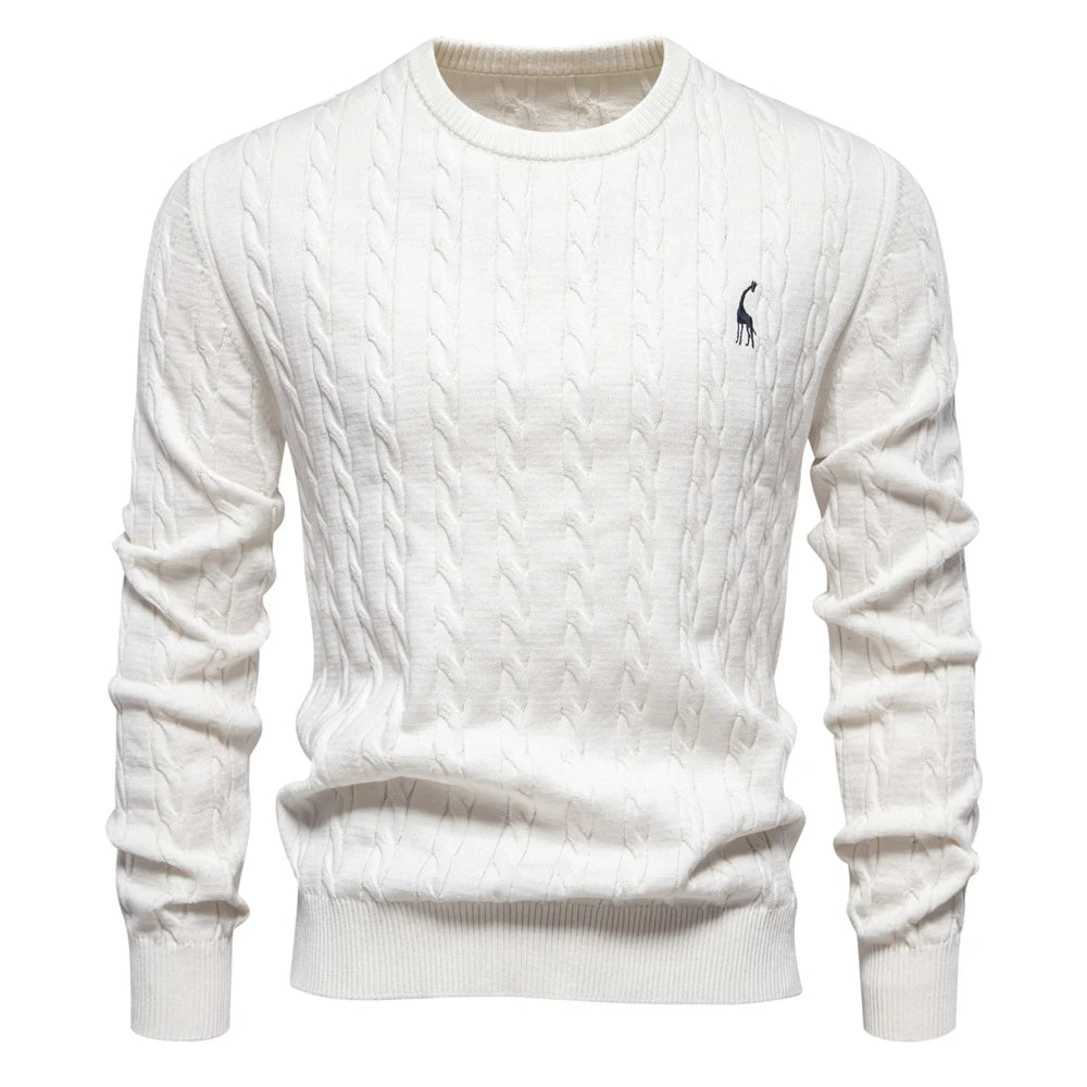 Men’s Giraffe Embroidered Cotton Sweater – Classic Twist Knit Pullover