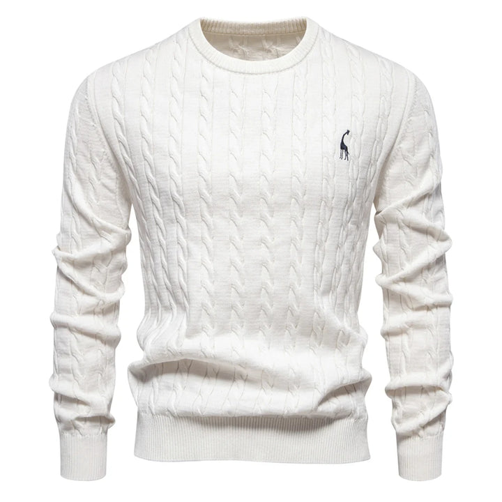 Men’s Giraffe Embroidered Cotton Sweater – Classic Twist Knit Pullover